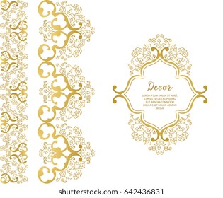 Vector gold ornamental  decorative frame. Elegant ornate  element for design template, place for text. Luxury floral border. Lace decor for birthday and greeting card, wedding invitation,certificate.