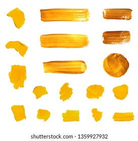 Vector Gold Paint Brush Strokes, Different Shapes Isolated on White Background.