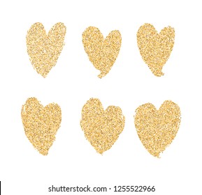 Vector gold paint hearts set isolated on white background. Gold hand drawn hearts. Brush smears. Glitter design elements for Valentine's Day, wedding, poster, invitation, engagement cards.