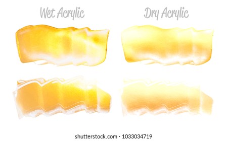 Vector gold paint smear stroke stain set. Abstract gold glittering textured art illustration. Gold Texture Paint Stain Illustration. Hand drawn brush strokes vector elements. Wet, Dry Acrilyc strokes.
