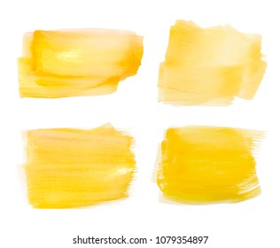 Vector gold paint smear stroke stain set. Abstract gold glittering textured art illustration. Gold Texture Paint Stain Illustration. Hand drawn brush strokes vector elements. Wet, Dry Acrilyc strokes.