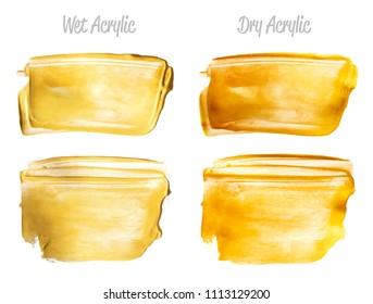 Vector gold paint smear stroke stain set. Abstract gold glittering textured art illustration. Gold Texture Paint Stain Illustration. Hand drawn brush strokes vector elements. Wet, Dry Acrilyc strokes.