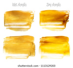 Vector gold paint smear stroke stain set. Abstract gold glittering textured art illustration. Gold Texture Paint Stain Illustration. Hand drawn brush strokes vector elements. Wet, Dry Acrilyc strokes.