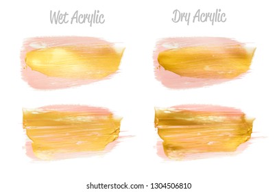 Vector gold paint smear stroke stain set. Abstract gold glittering textured art illustration. Gold Texture Paint Stain Illustration. Hand drawn brush strokes vector elements. Wet, Dry Acrilyc strokes.