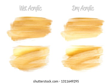 Vector gold paint smear stroke stain set. Abstract gold glittering textured art illustration. Gold Texture Paint Stain Illustration. Hand drawn brush strokes vector elements. Wet, Dry Acrilyc strokes.
