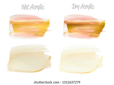Vector gold paint smear stroke stain set. Abstract gold glittering textured art illustration. Gold Texture Paint Stain Illustration. Hand drawn brush strokes vector elements. Wet, Dry Acrilyc strokes.