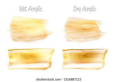 Vector gold paint smear stroke stain set. Abstract gold glittering textured art illustration. Gold Texture Paint Stain Illustration. Hand drawn brush strokes vector elements. Wet, Dry Acrilyc strokes.