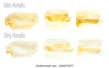 Vector gold paint smear stroke stain set. Abstract gold glittering textured art illustration. Gold Texture Paint Stain Illustration. Hand drawn brush strokes vector elements. Wet, Dry Acrilyc strokes.