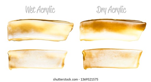 Vector gold paint smear stroke stain set. Abstract gold glittering textured art illustration. Gold Texture Paint Stain Illustration. Hand drawn brush strokes vector elements. Wet, Dry Acrilyc strokes.