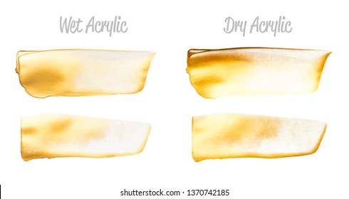 Vector gold paint smear stroke stain set. Abstract gold glittering textured art illustration. Gold Texture Paint Stain Illustration. Hand drawn brush strokes vector elements. Wet, Dry Acrilyc strokes.