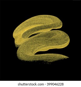 Vector gold paint smear stroke stain set. Abstract gold texture hand drawn on black background. 
