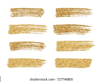 Vector gold paint smear stroke stain set. Abstract gold glittering textured art illustration.