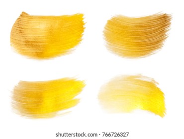 Vector gold paint smear stroke stain set. Abstract gold glittering textured art illustration. Gold Texture Paint Stain Illustration. Hand drawn brush strokes vector design elements. Acrilyc strokes.