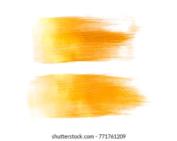 Vector gold paint smear stroke stain set. Abstract gold glittering textured art illustration. Gold Texture Paint Stain Illustration. Hand drawn brush strokes vector design elements. Acrilyc strokes.