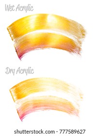 Vector gold paint smear stroke stain set. Abstract gold glittering textured art illustration. Gold Texture Paint Stain Illustration. Hand drawn brush strokes vector design elements. Acrilyc strokes.