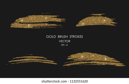 Vector gold paint smears set. Glitter elements isolated on black background.Abstract shiny brush strokes. EPS 10.   
