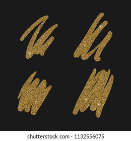 Vector gold paint smears set. Glitter elements isolated on black background.Abstract shiny brush strokes. EPS 10.   