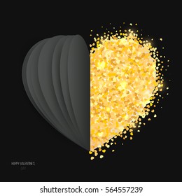Vector gold particles on black background with paper elements in heart form. Template for holiday gift card, banner, flyer.