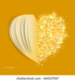 Vector gold particles on yellow background with paper elements in heart form. Template for holiday gift card, banner, flyer.