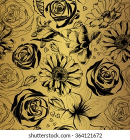 Vector gold pattern with black flowers. Decorative floral silhouettes on white background.