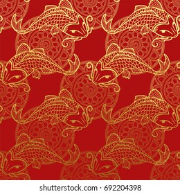 Vector gold pattern with japanese carps koi on red - NON seamless pattern washi paper for scrapbooking or cards design backdrop