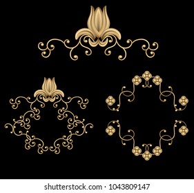 Vector. Gold pattern for jewelry, gold ornament, shaped against the background of the decorative segment, ornate version for frieze, border or frame, divided into parts, illustration in 3D.