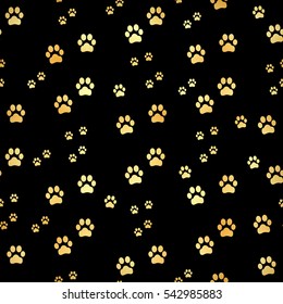 vector Gold Paw print seamless pattern. Seamless pattern of animal gold footprints. Dog paw print seamless pattern on gold background