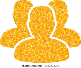 Vector gold people mosaic icon. People is isolated on a white background. Gold items mosaic based on people icon. Collage people iconic image is made from yellow items.