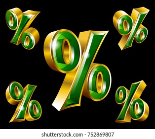 Vector gold percent sign in 3D style with different angles