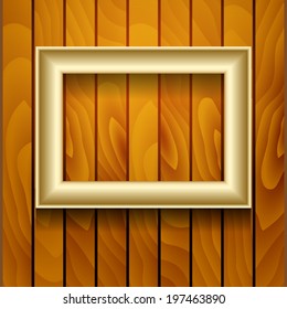 Vector gold picture frame on wooden wall.