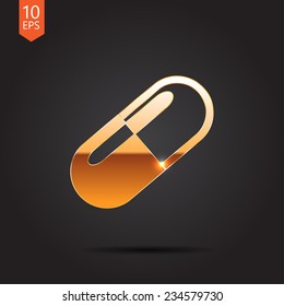 Vector gold pill icon isolated on dark background. Eps10