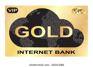 vector gold plastic card with a picture of Internet bank black clouds on a gold background and world map with barcode