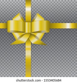 Vector gold plastic ribbon bow isolated on chekered background. concept for decoration gifts, boxes for holiday, merry christmas. Realistic illustration.