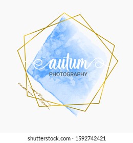 Vector Gold Polygon Frame on Blue Watercolor Shape with Gold Glitter in White Background Color