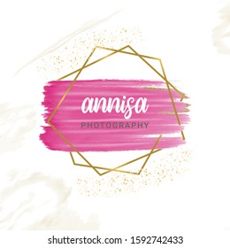 Vector Gold Polygon Frame on Pink Watercolor Shape with Gold Glitter in White Background Color