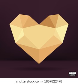 Vector gold polygon heart  icons set on dark purple background. Vector illustration.old rose heart.