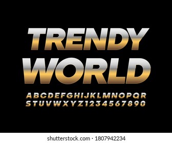 Vector Gold poster Trendy World. Metallic chic Font. Shiny luxury Alphabet Letters and Numbers set