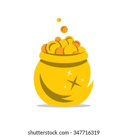 Vector A Gold Pot Of Money Cartoon Illustration. Coins Spilling The Golden Pot Isolated On A White Background. Branding Identity Corporate Logo