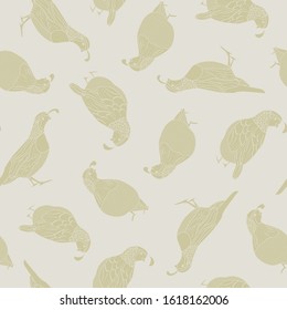 Vector Gold Quail Silhouettess on Beige Background Seamless Repeat Pattern. Background for textile, book covers, manufacturing, wallpapers, print, gift wrap and scrapbooking.