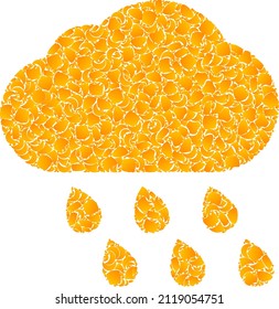 Vector gold rain cloud mosaic icon. Rain cloud is isolated on a white background. Gold items mosaic based on rain cloud icon. Mosaic rain cloud iconic image is formed with yellow items.