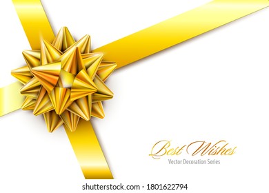 Vector Gold Realistic Bow with Ribbons Isolated on White Background. Decorative design element for gift package, present. Christmas, New Year holidays, Birthday template