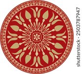 Vector gold with red classic Greek round ornament. Circle of Ancient Greece and the Roman Empire. Byzantine painting of walls, floors and ceilings. Decoration of European palaces.
