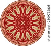 Vector gold with red classic Greek round ornament. Circle of Ancient Greece and the Roman Empire. Byzantine painting of walls, floors and ceilings. Decoration of European palaces.
