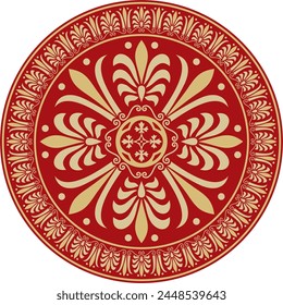 Vector gold with red classic Greek round ornament. Circle of Ancient Greece and the Roman Empire. Byzantine painting of walls, floors and ceilings. Decoration of European palaces.
