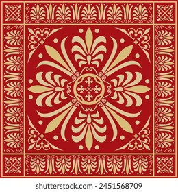 Vector gold with red classic Greek square ornament. Rectangle of Ancient Greece and Roman Empire. Byzantine painting of walls, floors and ceilings. Decoration of European palaces.
