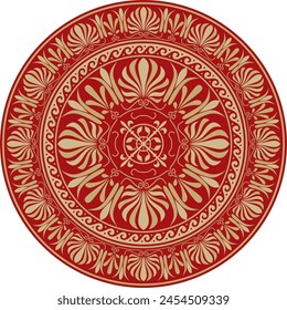 Vector gold with red classic Greek round ornament. Circle of Ancient Greece and the Roman Empire. Byzantine painting of walls, floors and ceilings. Decoration of European palaces.
