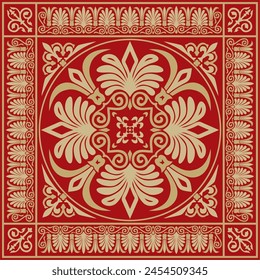 Vector gold with red classic Greek square ornament. Rectangle of Ancient Greece and Roman Empire. Byzantine painting of walls, floors and ceilings. Decoration of European palaces.
