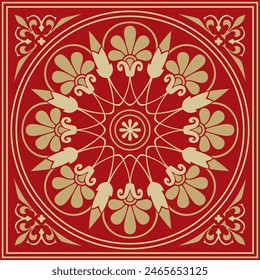 Vector gold with red classic Greek square ornament. Rectangle of Ancient Greece and Roman Empire. Byzantine painting of walls, floors and ceilings. Decoration of European palaces.
