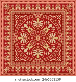 Vector gold with red classic Greek square ornament. Rectangle of Ancient Greece and Roman Empire. Byzantine painting of walls, floors and ceilings. Decoration of European palaces.
