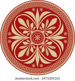 Vector gold with red classic Greek round ornament. Circle of Ancient Greece and the Roman Empire. Byzantine painting of walls, floors and ceilings. Decoration of European palaces.
